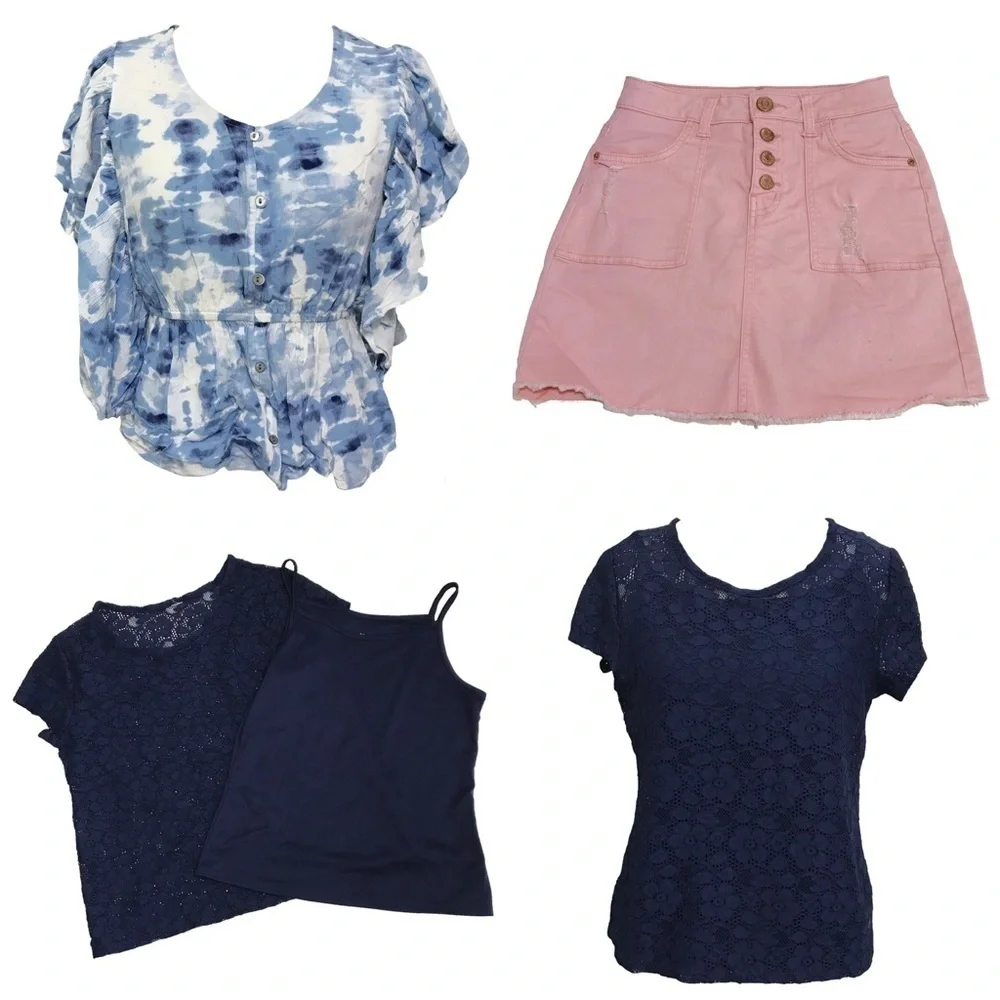 Justice 4 Piece Bundle Lace Blouse Blue Boho Blouse and Jean Skirt Size 14 14/16